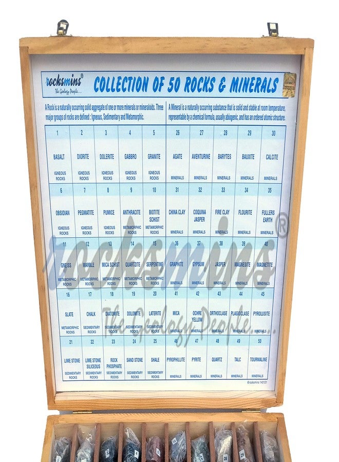 Rocksmins Collection of 50 Large Rocks & Minerals Specimen Activity Kit with 11 Accessories 1 Instruction Manual Crossword/Worksheet in Wooden Box for Students of School College Education Rock Mineral - Image 4